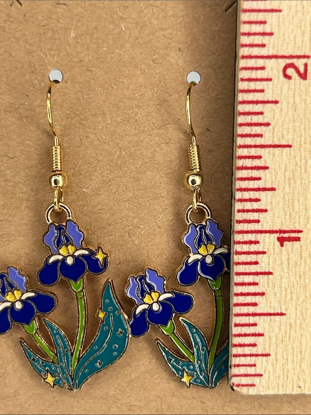 Gold-Tone Blue/Purple Iris Flower Drop Earrings - Fashion Jewelry - Picture 2 of 3